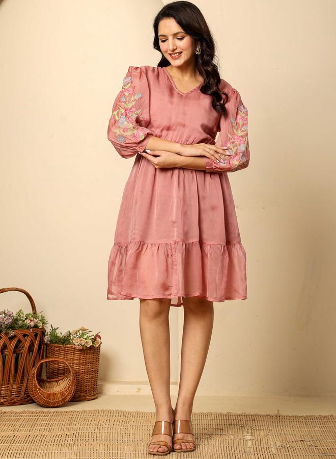KASYA Pink Embroidered Organza Tiered Dress - Image 2